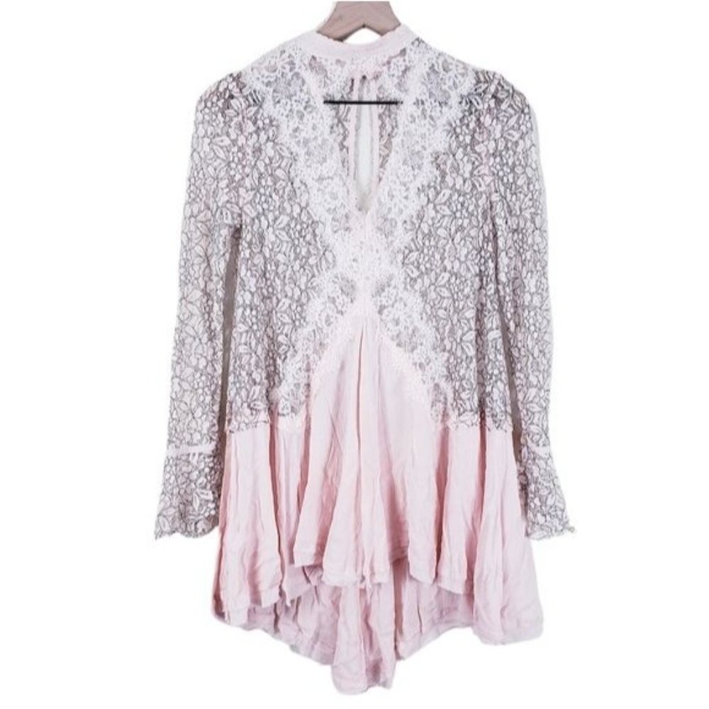 Free People Pink Lace Tunic Top Bell‎ Sleeve Mock Neck Women's XS Boho Romantic